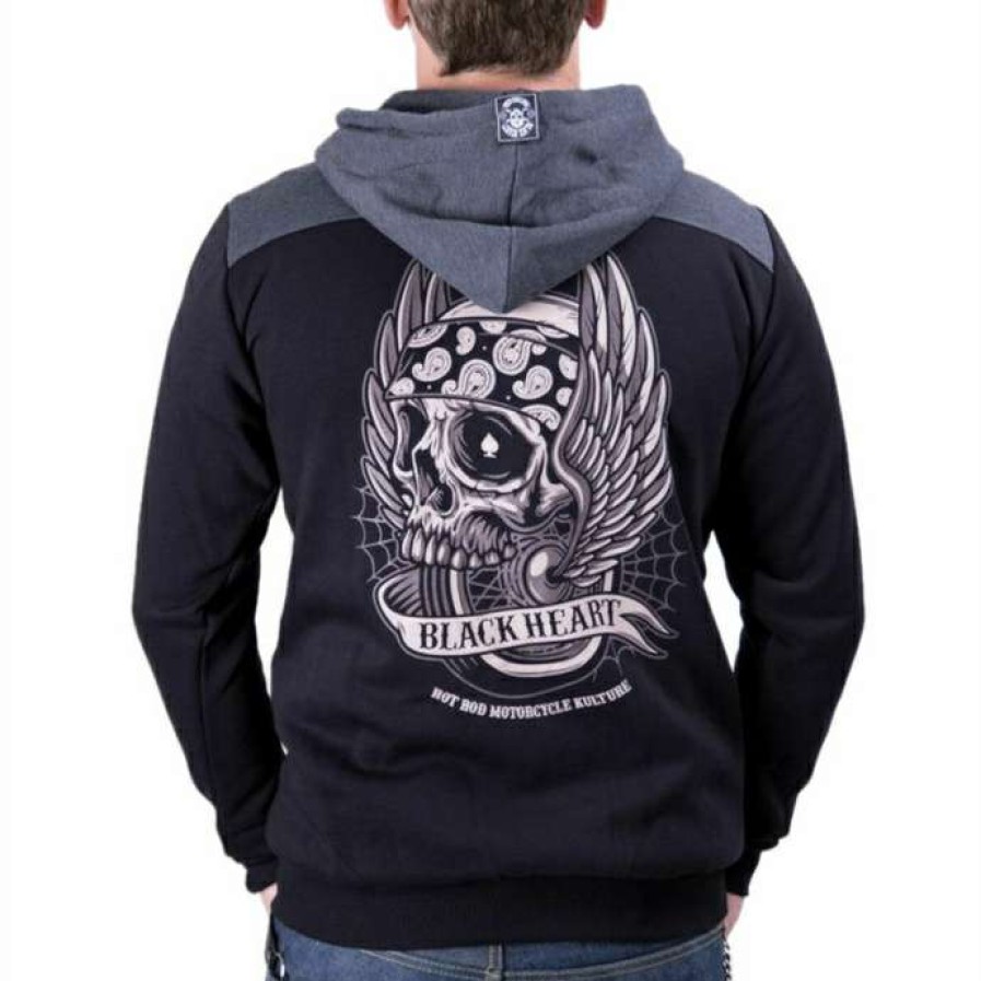 Zippered Hoodies * | Men'S Hoodie Black Heart Wings Skull Black