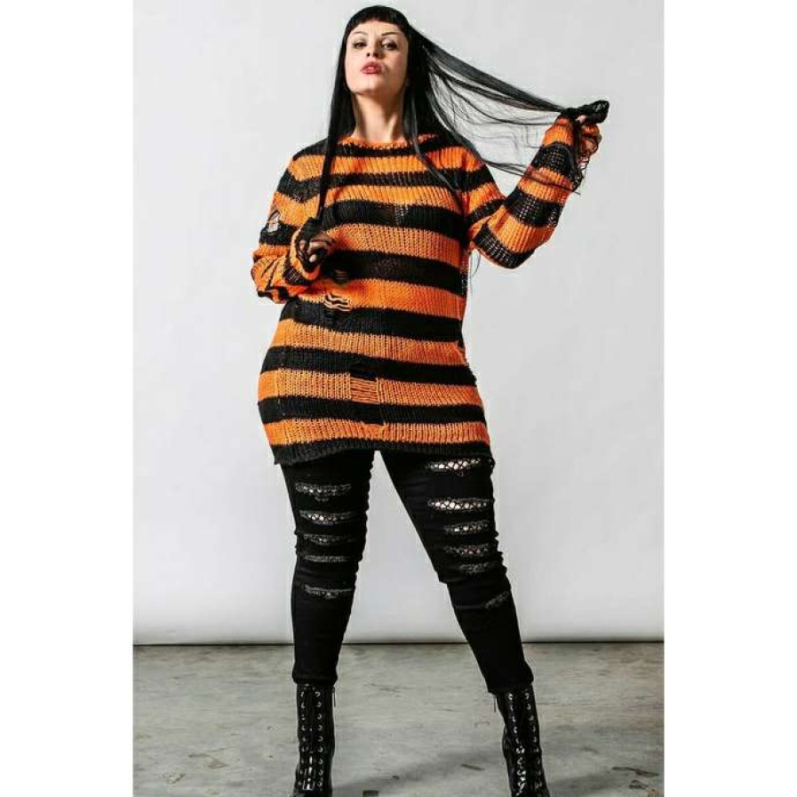 Sweaters * | Unisex Sweater Killstar Pumpkin Knit Black / Orange